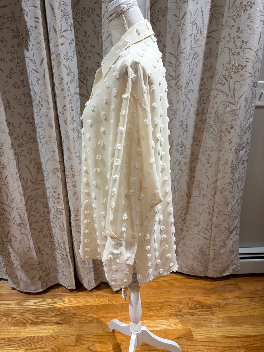 Zara Cream Textured Pom-Pom Button-Down Blouse -size small